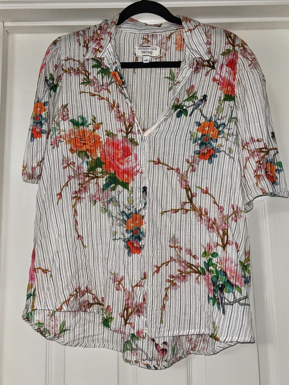 Johnny Was White Striped Button-Down with Pink, Orange & Green Floral